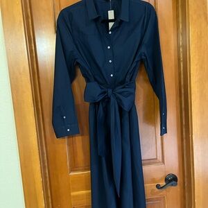 J. Crew Navy Long-Sleeve Shirt Dress with Self-Tie Waist